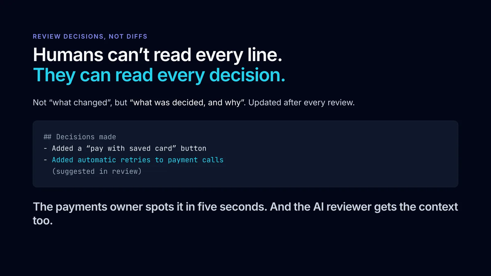 Slide 17: Humans can’t read every line. They can read every decision.